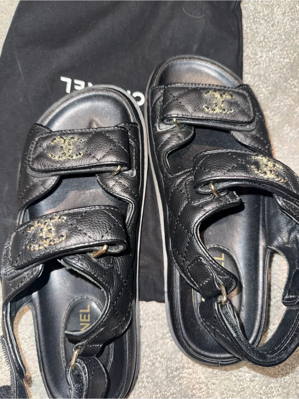 CHANEL Black Quilted Leather Double-Strap Sandals with Gold CC Logo